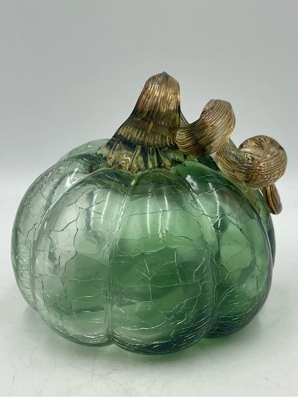 Vintage Hand Blown Green Ombre Crackle Art Glass Pumpkin with Amber Twisted Stem